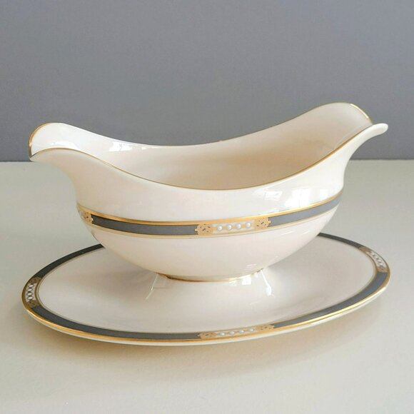 Lenox McKinley Gravy Boat Presidential Ivory Color Gray Band Gold Trim USA Made